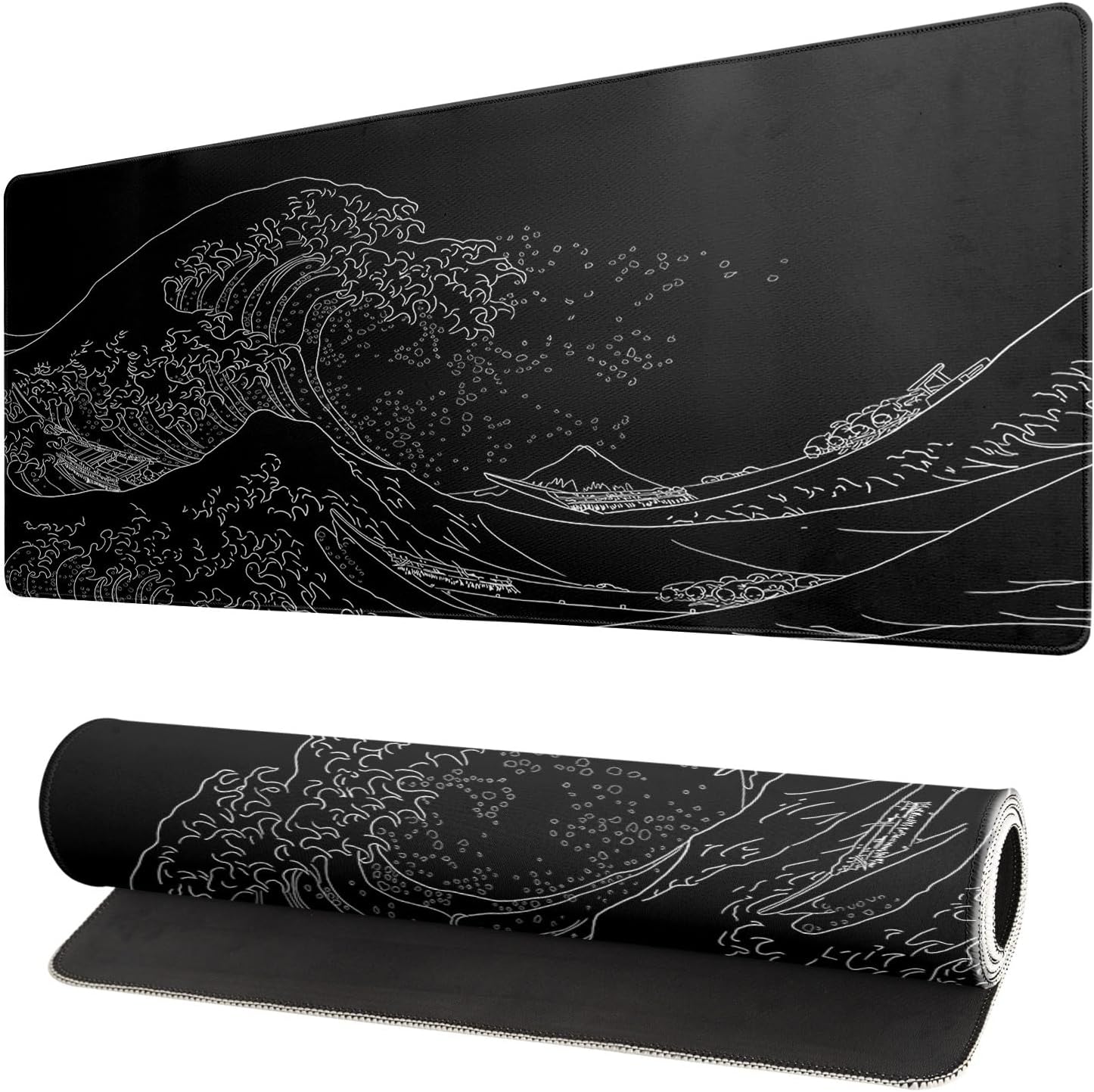 Brecoy Japanese Sea Wave Large Mouse Pad, Anime Black Gaming Mouse Pad Extended Kanagawa Mouse Mat Desk Pad, 3mm Thick Long Non-Slip Rubber Base Mice Pad, 31.5 X 11.8 Inch