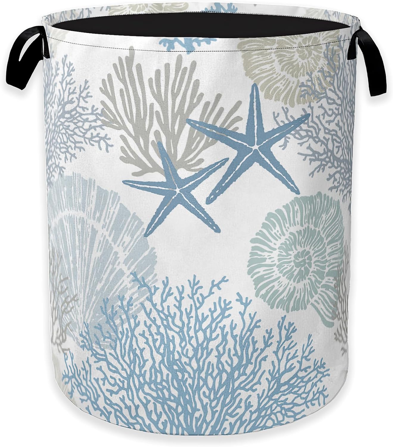 Collapsible Laundry Basket,Coastal Beach Dirty Clothes Hamper,Watercolor Shell Starfish Coral Hampers for Bedroom Waterproof Oxford Cloth Storage Organizer for Bathroom,Nursery,Dorm,16x20 Inch