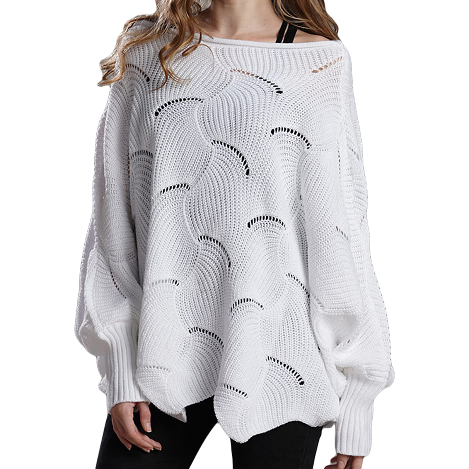 Damski sweter z nietoperzem, sweter z odkrytymi ramionami, sweter dla kobiet, luźny sweter, koszulki z długim rękawem, swetry, bluzki, dzianina, z wycięciami, dzianina