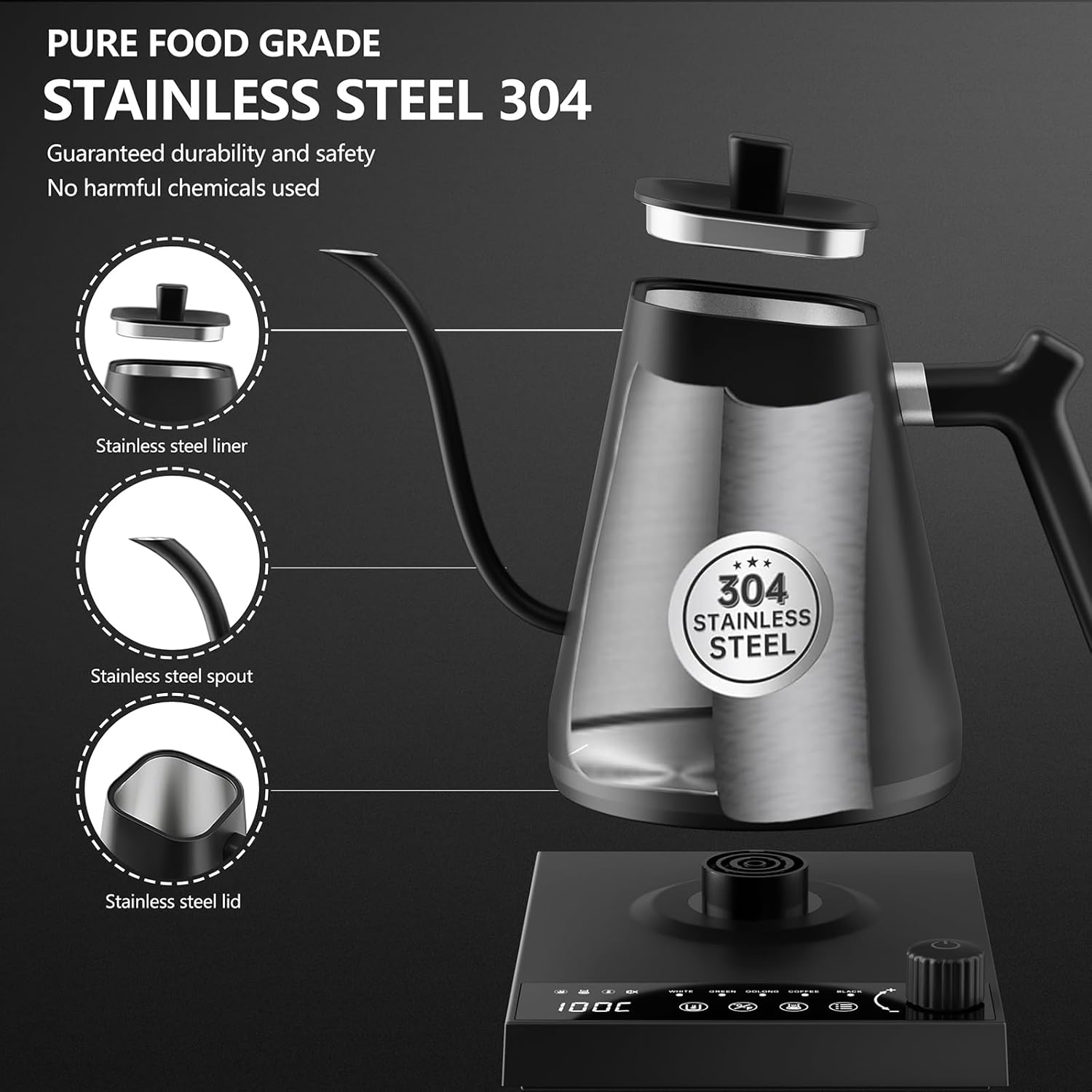 cjc 600ml Pour Over Coffee Maker Black Stainless Steel Smart Coffee Maker with 5 temperature Settings for Home, Office, Camping, Cafes,Hold 3 Cups（Easy to Clean）