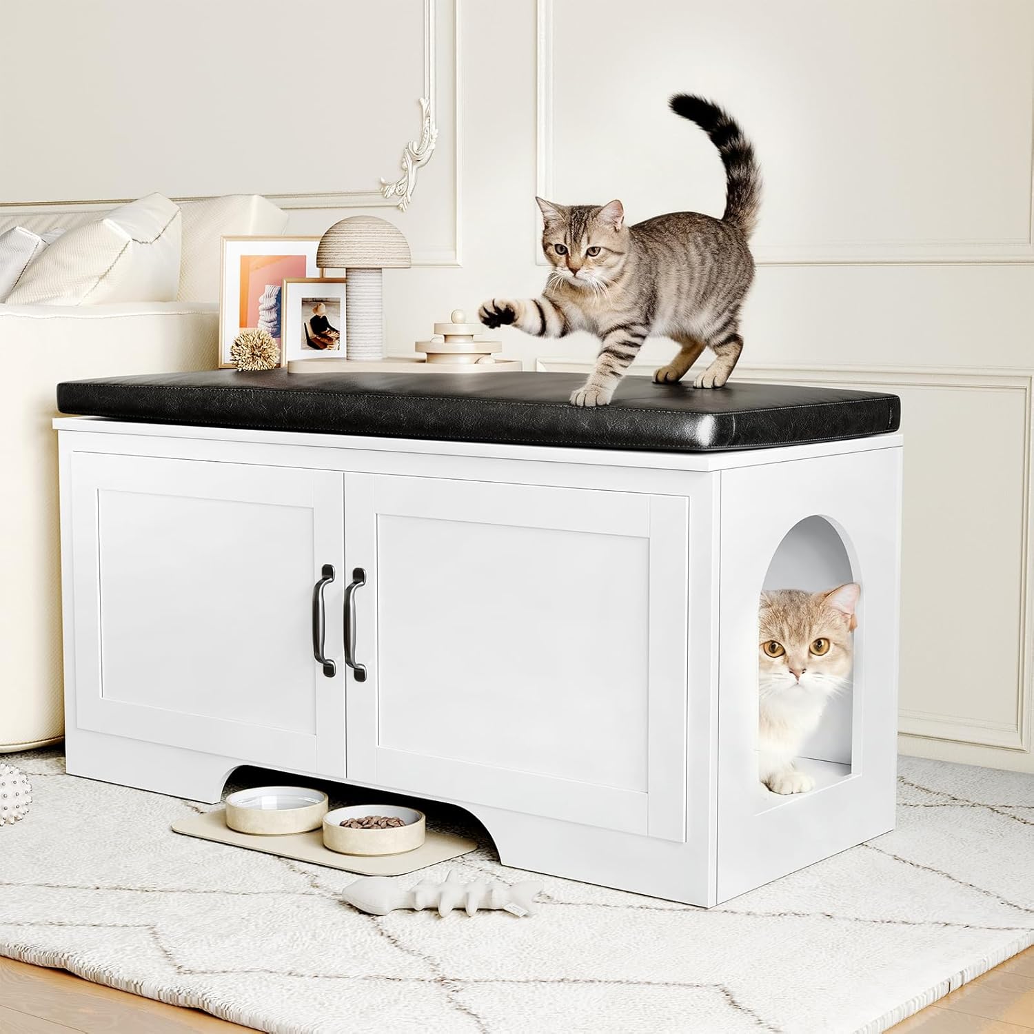 Modern Cat Litter Box Enclosure, 39" Hidden Litter Box Furniture with Removable Padded Seat Cushion, Flip-Top Design, Cat Washroom Bench with Storage Cabinet, Fit Most of Litter Box,White