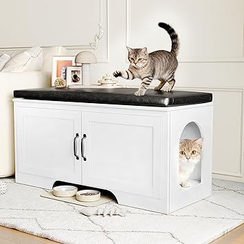 DreamDashio Cat Litter Box Enclosure with Padded Seat Cushion, Large Hidden Litter Box Furniture Bench for Odor Control, Dog Proof Cat House Cabinet with Flip-Up Lid for Living Room, Entryway, Bedroom