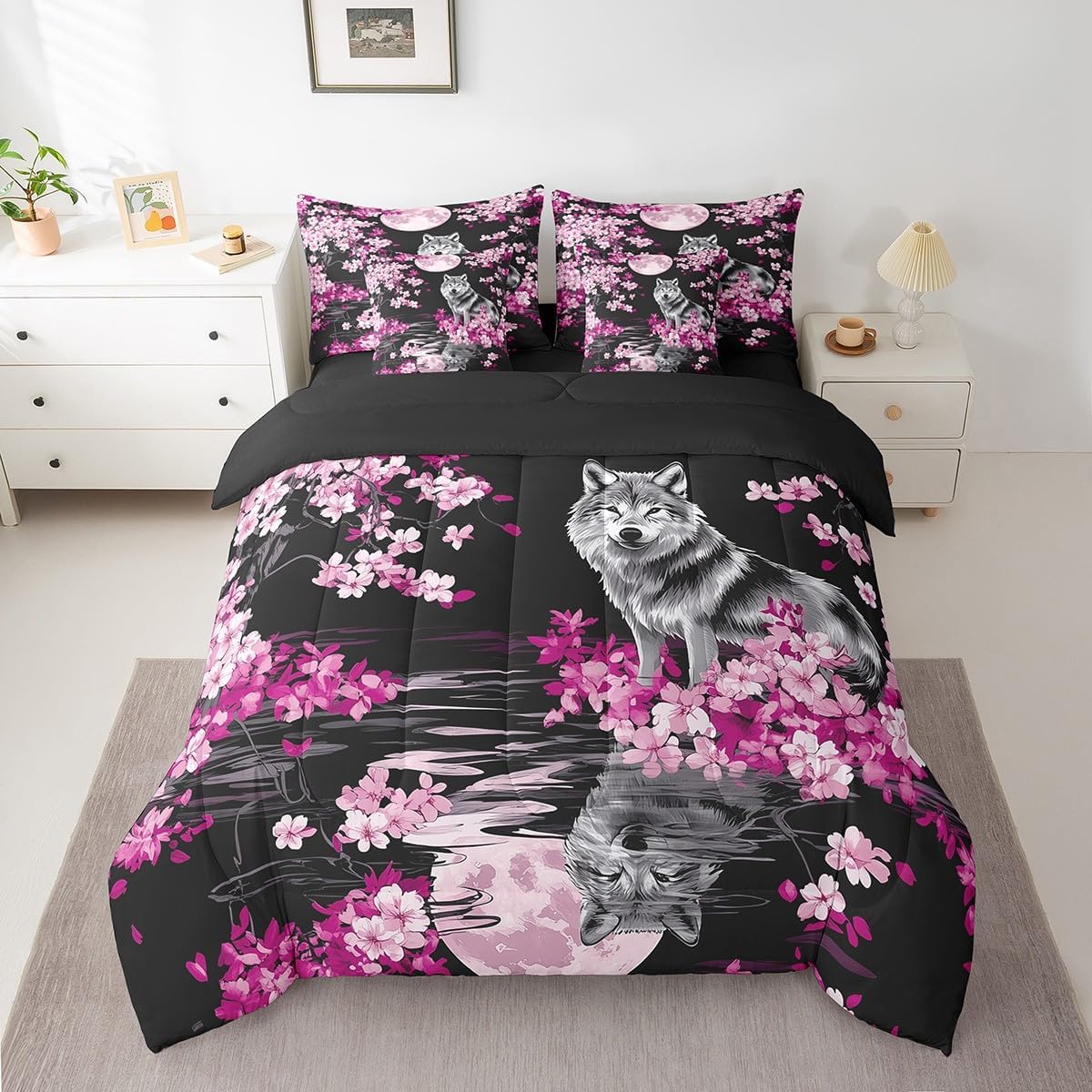 Feelyou Wolf Comforter Set with Sheets,Japanese Cherry Blossom Wolf 7 Piece Bedding Set Queen Size,Kids Boys Girls Bedroom Room Decor,Sakura Floral Wolf Bed in a Bag,Wolf Bed Set