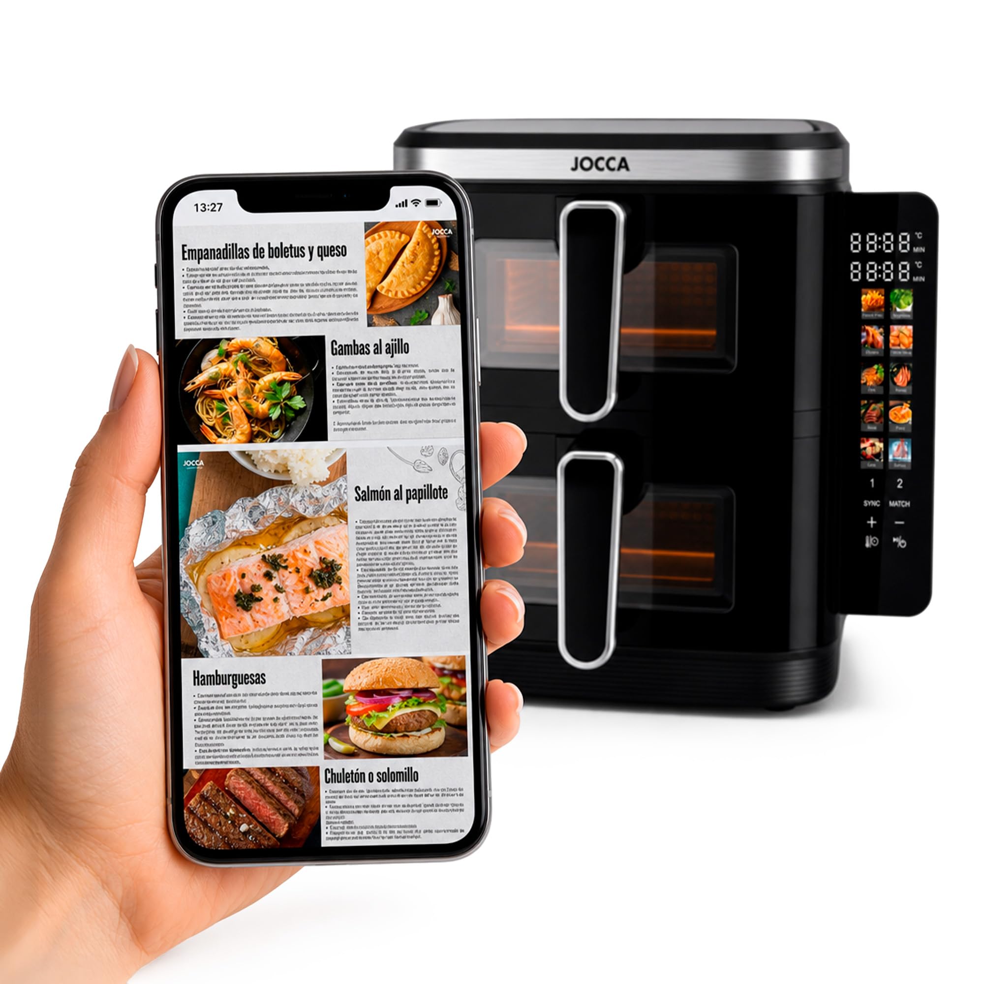 JOCCA - Podwójna cyfrowa frytkownica powietrzna 11L (5,5 l + 5,5 l) | Airfryer pionowy z 2 komorami z okienkami, 10 funkcji, kolorowy ekran dotykowy LED, 60-200 °C, nieprzywierająca i łatwa do