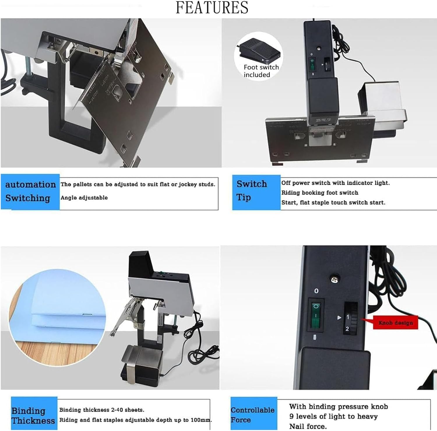 Electric Saddle Stapler, Binds 2-50 Sheets, Adjustable Thickness, Depth Up to 100mm, 1-9 Intensity Levels, Includes Pedal for Flat and Saddle Binding