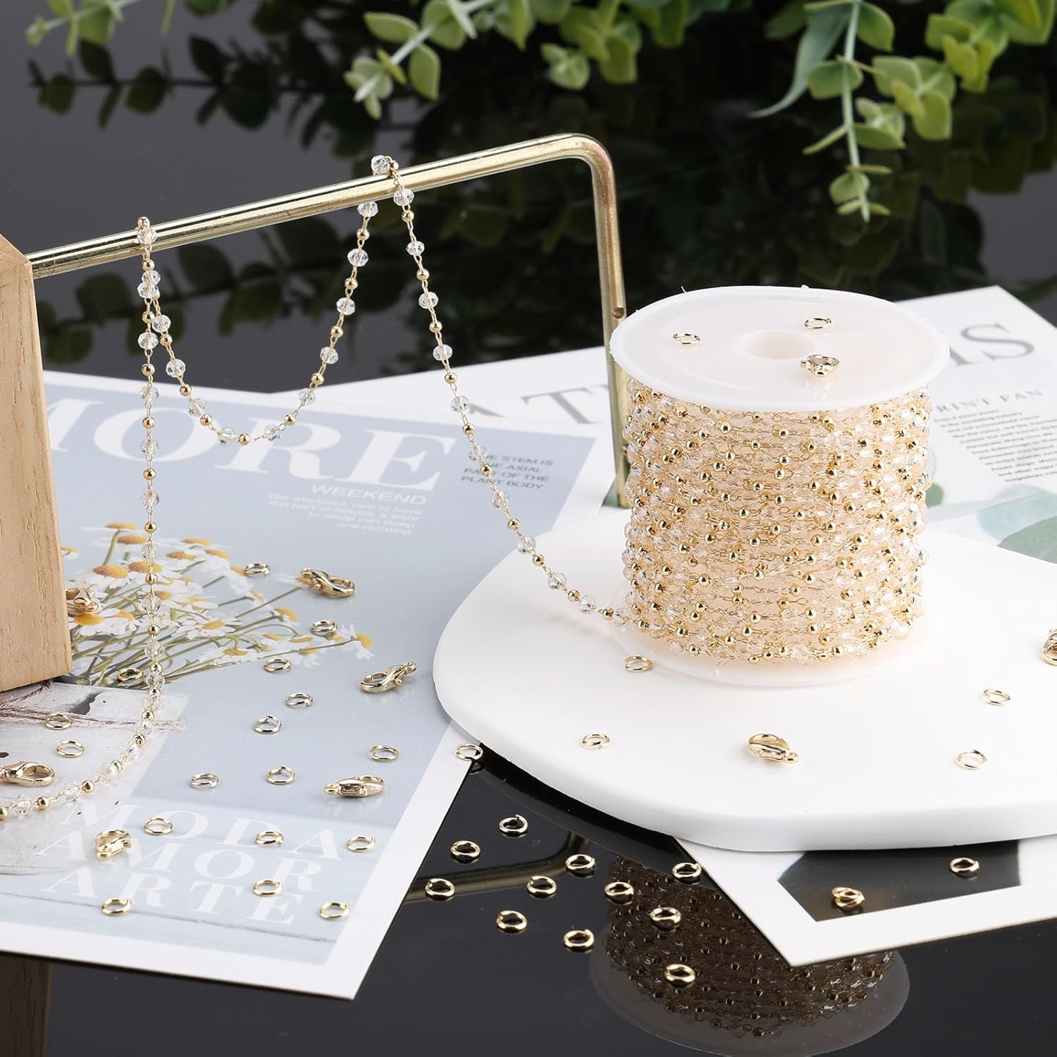 SMYHTGLIF 16.4 Feet Clear Crystal Chain for Jewelry Making Gold Plated Brass Bead Jewelry Making Chains Permanent Jewelry Findings - Image 5