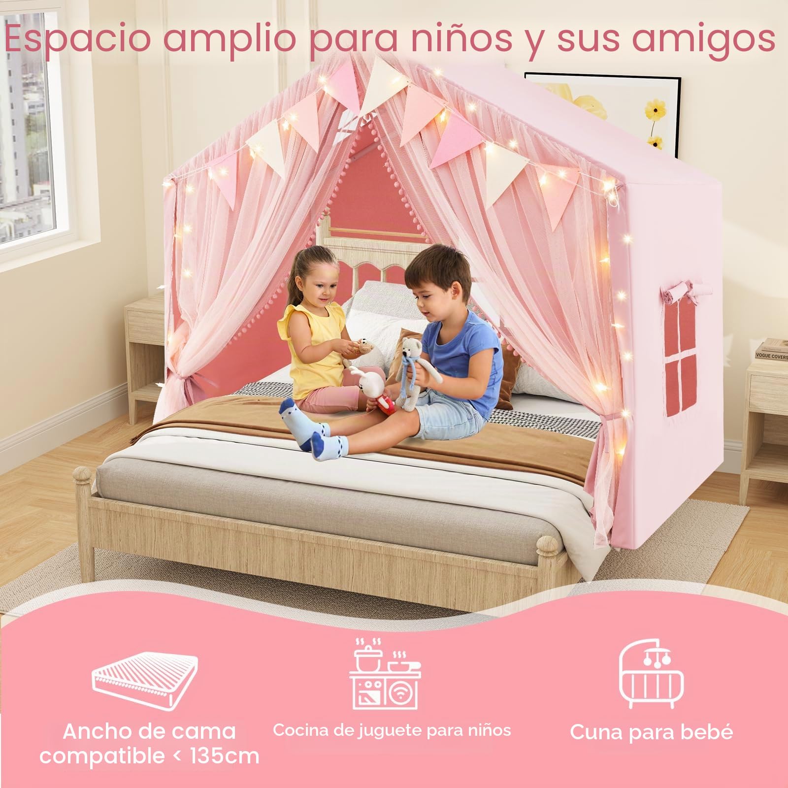 HOMASIS Tienda de Campaña Infantil con Colchoneta de Algodón, Casitas Infantil Tela de Interior con Luces, Cortina y Banderas, Cabañas para Niños a Partir de 3 Años, 146x96x133cm (Rosa)