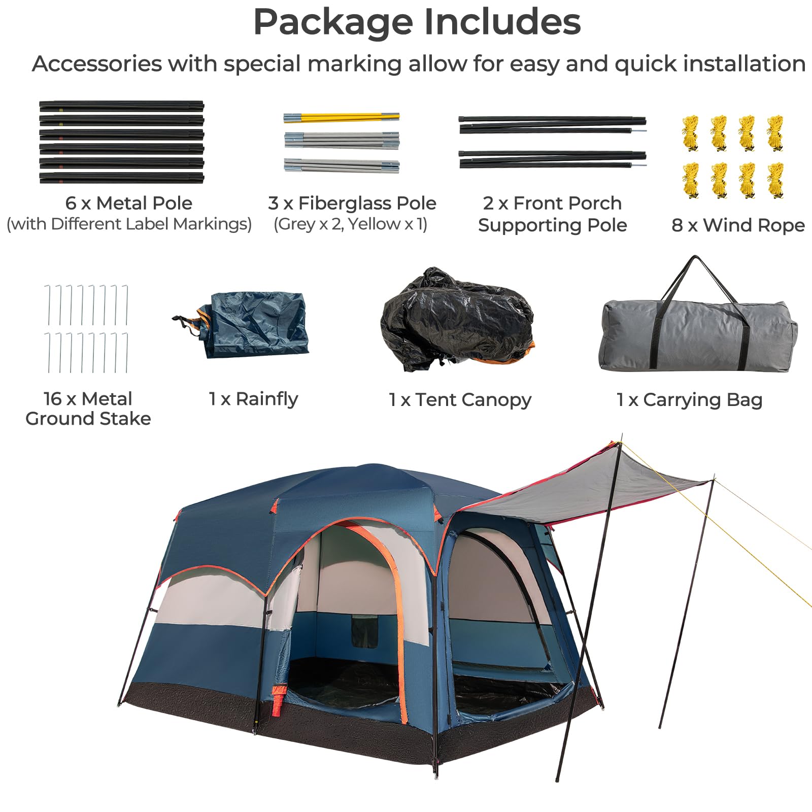HOMASIS Tente de Camping avec Auvent 4-6 Personnes pour Famille, Tente Tunnel avec 2 Séparateurs de Pièce et 3 Entrées avec Sac de Transport pour randonnée, Facile à Monter