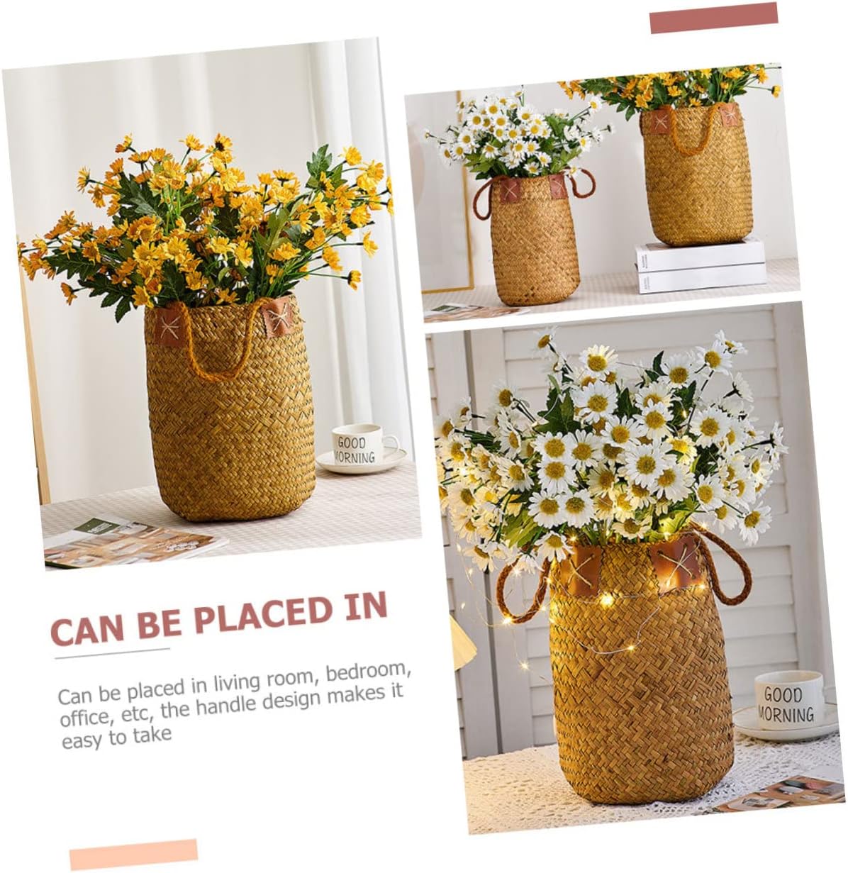 OUNONA 2pcs Hand-woven Rattan Storage Basket Decorative Flower Basket Rustic Style Portable for Living Bedroom