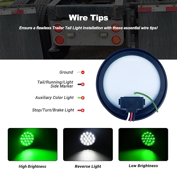 4 Round LED Tail Lights Dual Revolution Red Stop Turn Tail Lights and Green as Auxiliary Color for Truck Trailer RV Jeep with Rubber Grommet and 3 Prong Wire Pigtails IP67 Waterproof