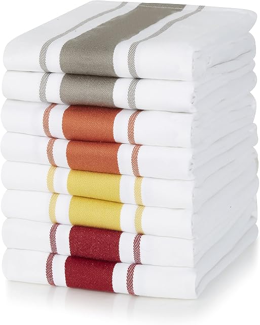 Sticky Toffee 100% Cotton Tea Towel - Pack of 8, Terracotta, Red, Mustard & Grey Stripe Pattern | Kitchen Hand Cloth Set | Absorbent, Strong, Quick Dry & Machine Washable | Home & Kitchen Accessories
