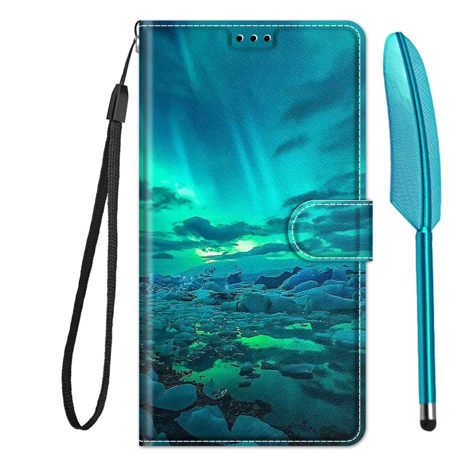 Samsung A12 Case Shockproof Wallet Flip PU Leather Silicone Bumper Cover Slim Fit Protective Cover with Card Holder Magnet Kickstand Samsung Galaxy A12 Case & 1 Touch Pen, Green Light