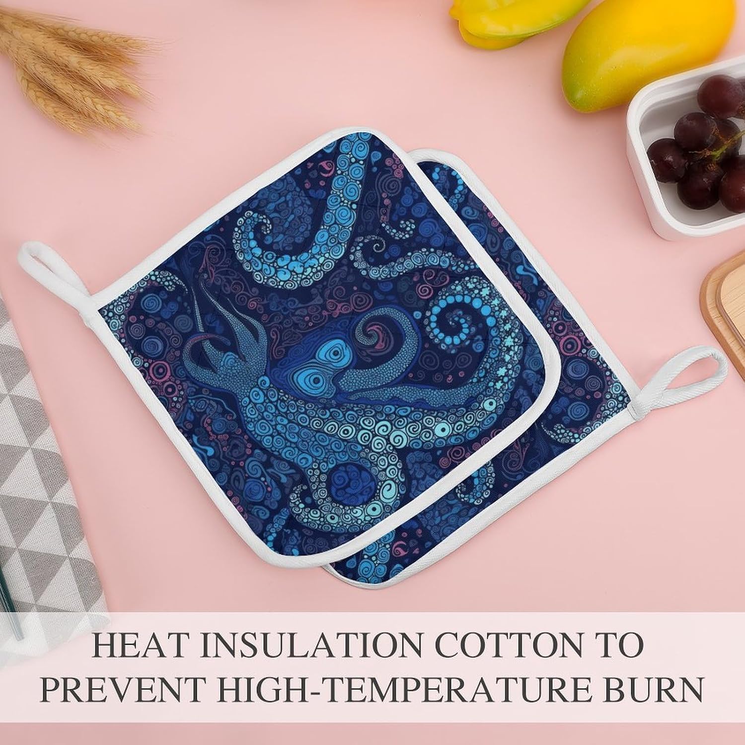 Blue Octopus Polyester Heat Resistant Pot Pad Non Slip Anti Scald Hot Dish Mat Reusable Table Protector for Kitchen Hot Pot Mat Wear Resistant Heat Proof Table Pad for Countertop Dining Room