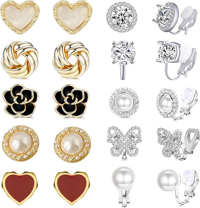 GreatMH 10Pairs Women Clip On Earrings Clip Earrings for Women Non Pierced CZ Flower Pearl Twist Knot Clip Earrings Sets Women Gift