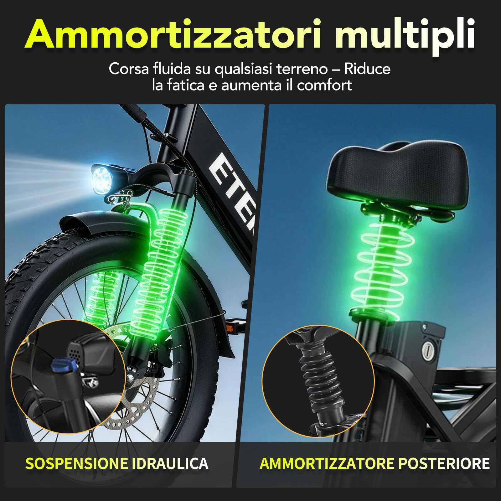 D20PRO Adult Electric Bicycle is Equipped with Single and dual 36V 20A/42.4Ah Removable Batteries, 20 x 3.0 Inch Wide Tires, and Hydraulic Brakes