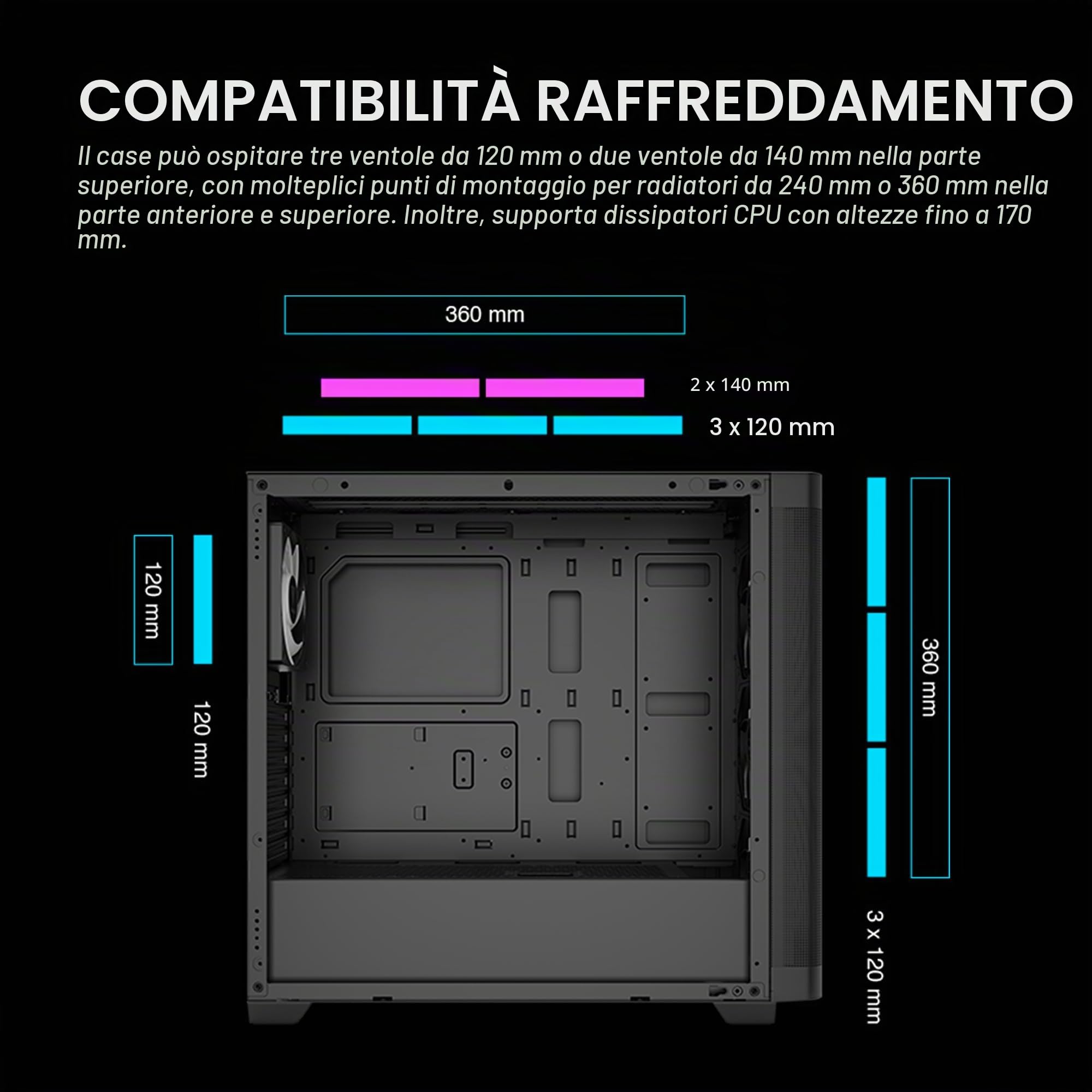 GAMDIAS ATHENA M3 ATX Mid Tower PC Case, 4 x 120 mm ARGB PWM Fan w/Hub, Front Airflow Mesh, Pannello laterale in vetro temperato senza attrezzi, MB Sync Ready, Nero
