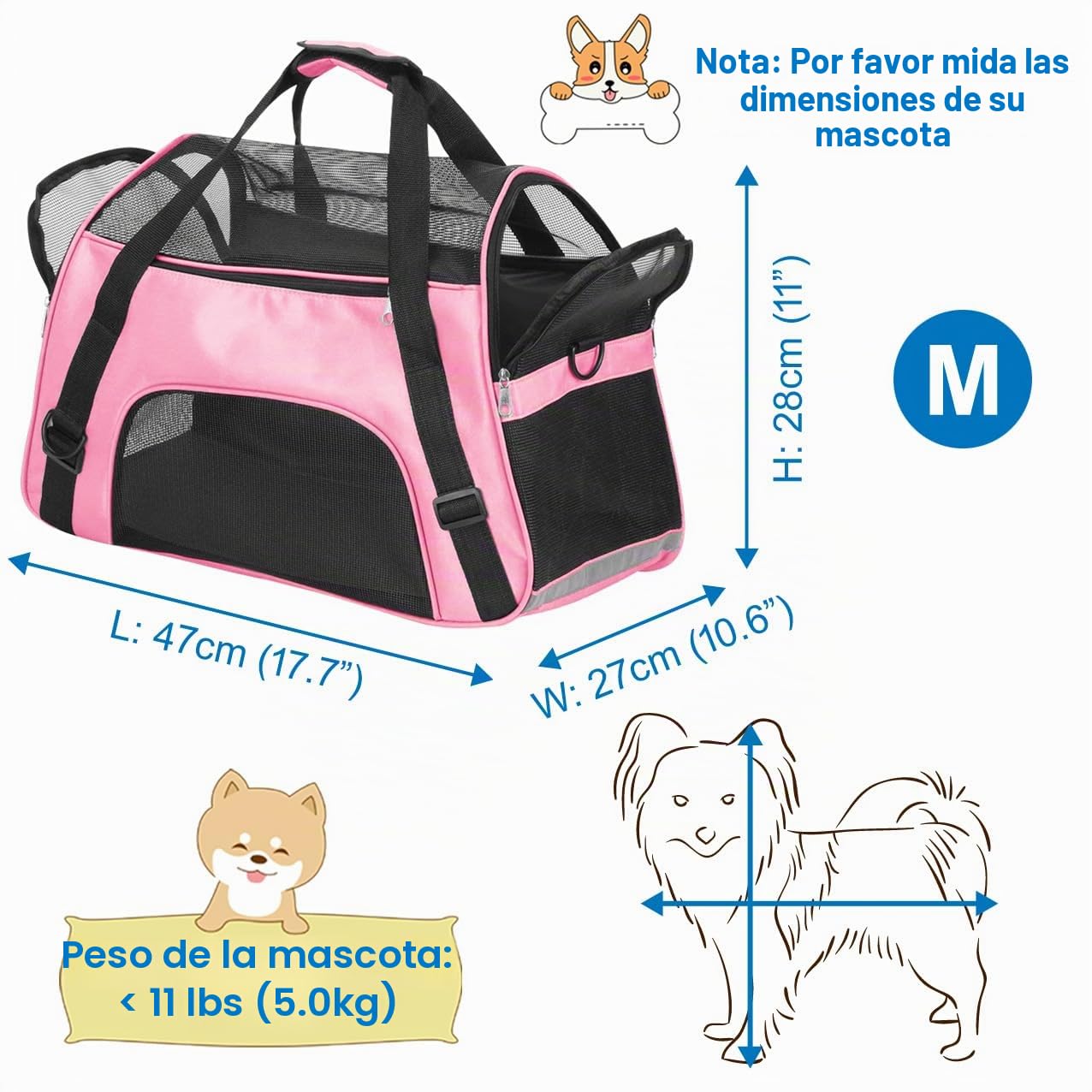 Trasportín de Viaje para Mascotas para Gatos Perros Conejos Hámster, Homologado para Aerolíneas Laterales Blandos Bolsa de Transporte para Perritos, Gatitos (M - 47x27x28 cm for MAX 5KG Pet, Rosa)
