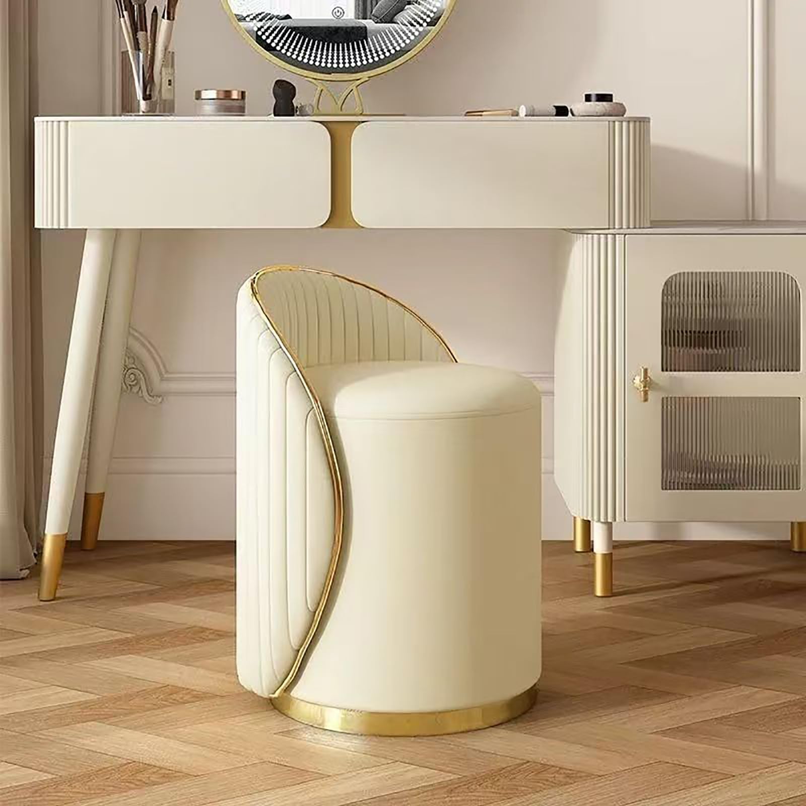 Sgabello per Toeletta Trucco, Sedia Trucco con Rivestimento in Pelle e Telaio in Legno, Girevole a 360°, Sgabello Imbottito per Soggiorno, Camera da Letto (beige)