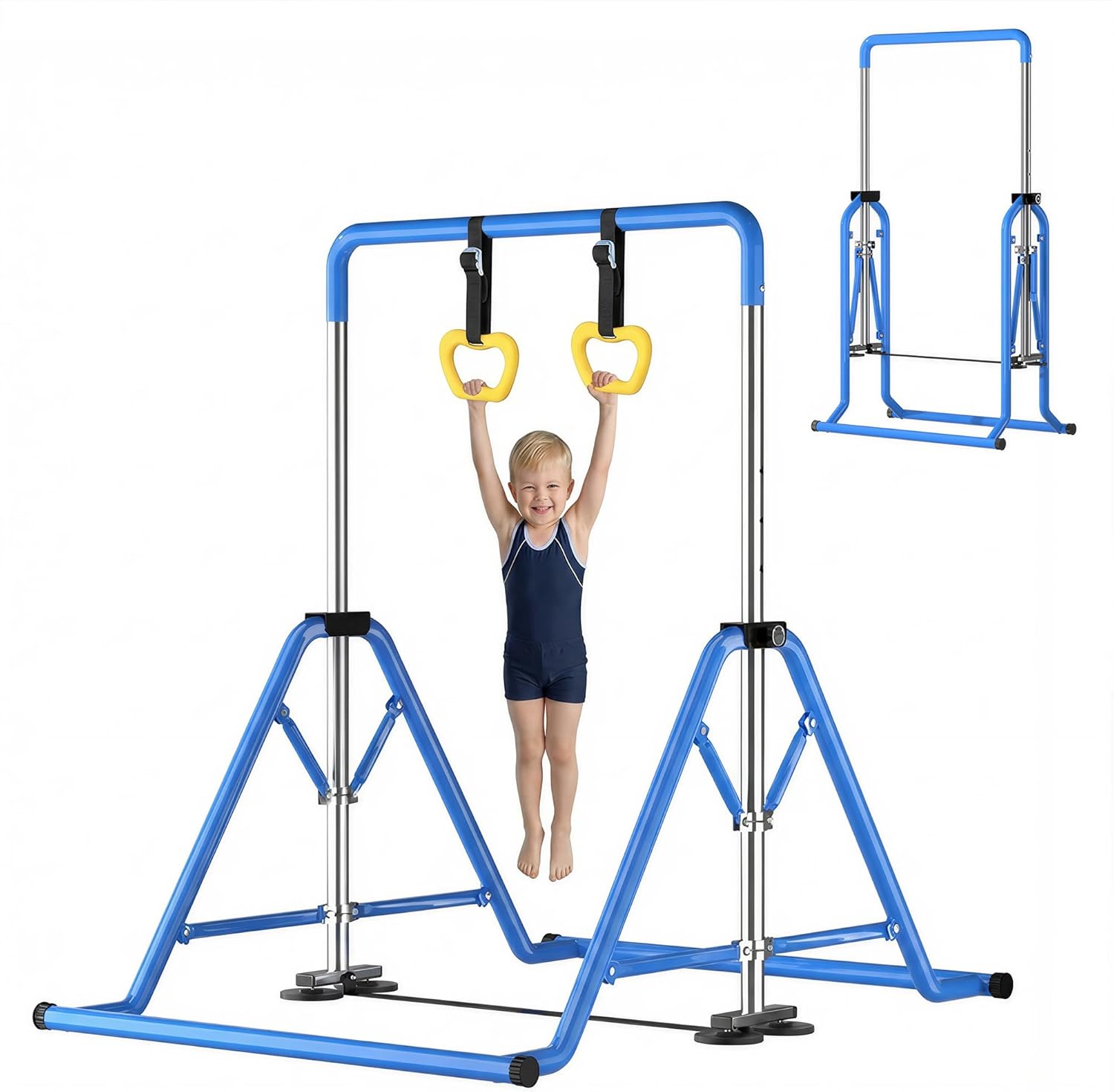 Expandable Kids Gymnastics Kip Bar - Upgraded Dual Base, Folding Adjustable Height 44''-60'', 350LBS Weight Limit, Anti-Slip Suction Feet, Home Training Bar for Kids Ages 3-13 (Blue)