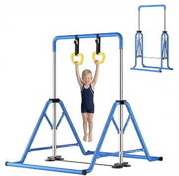 Expandable Kids Gymnastics Kip Bar - Upgraded Dual Base, Folding Adjustable Height 44-60, 350LBS Weight Limit, Anti-Slip Suction Feet, Home Training Bar for Kids Ages 3-13 Blue