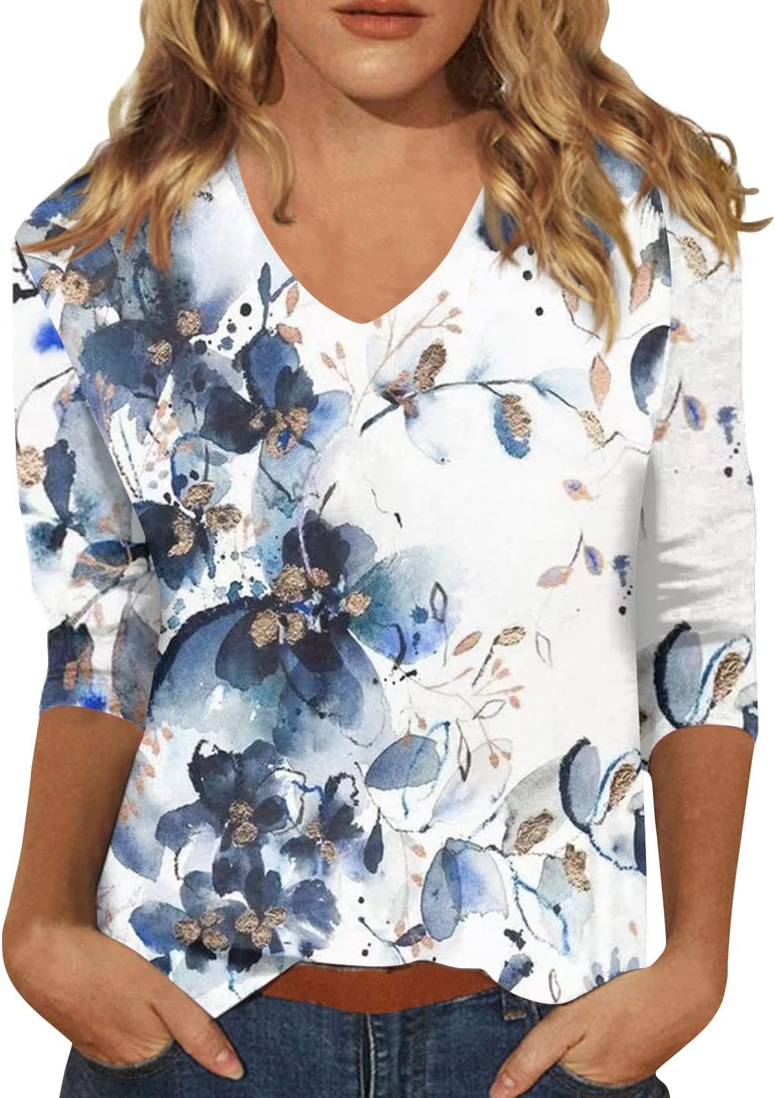 YUHEDADAWomens Plus Size Tops 3/4 Sleeve Flowers Printed V-Neck Loose Blouses Summer Fall Casual Travel Office T-shirs