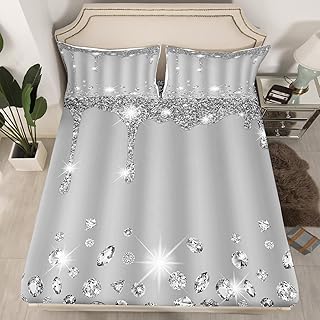 Silver Glitter Print (No Glitter) Bedding Sheet Bling Party Decorations Grey Fitted Sheet for Girls Diamond and Jewelry Bed Sheet Set Fitted Sheet Queen Size