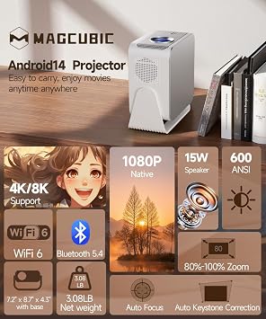 Magcubic Mini Projector 4K & 8K Support, 1080P Portable Projector for Bedroom with Android 14 WiFi 6 Bluetooth 5.4, Auto Focus, Auto Keystone Correction, 15W Speaker 180° Rotation Home Cinema HY350MAX