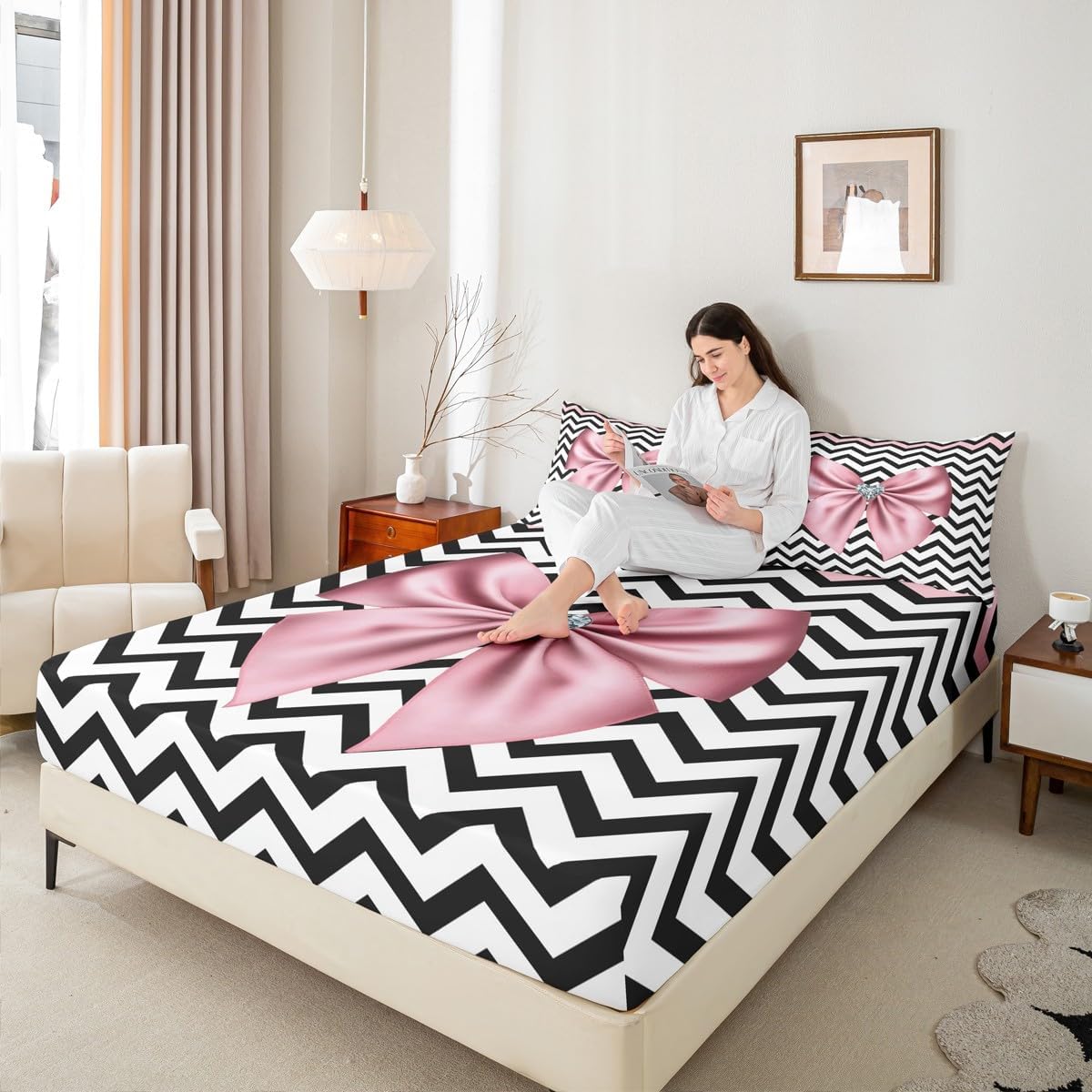 Homewish Pink Bow Fitted Sheet Queen Size,Geometric Bedding Set 3pcs for Kids Teens Girls Adult Room Decor, Wavy Stripes Bed Cover Black Bed Sheet Set with 2 Pillowcases image 2