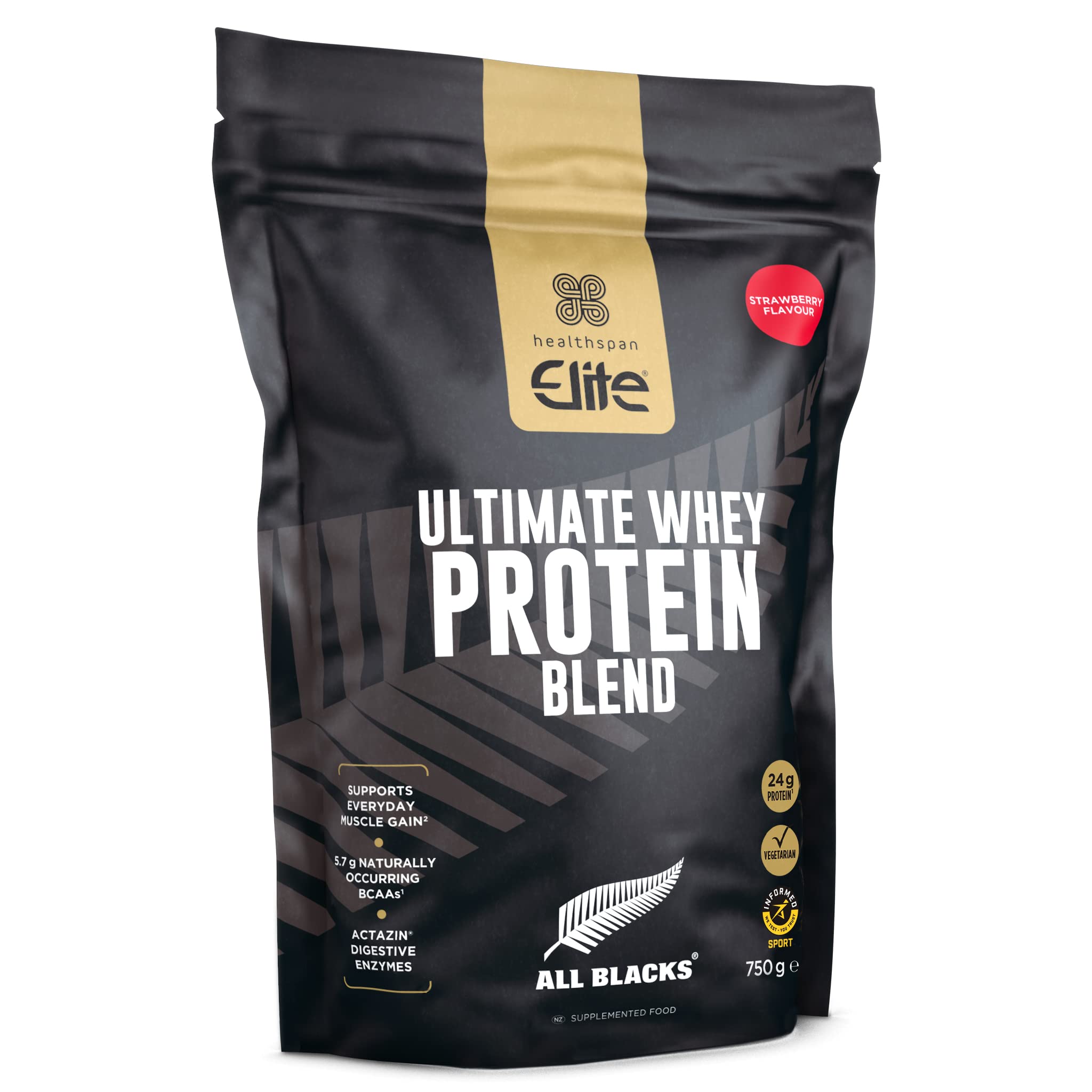 Healthspan Elite All Blacks Ultimate Whey Protein Blend 750g | Whey Concentrate & Isolate Proteins | 24g Protein Per Serving | Muscle Gain | 5.7g BCAAs | Contains Actazin | Vegetarian (Strawberry)