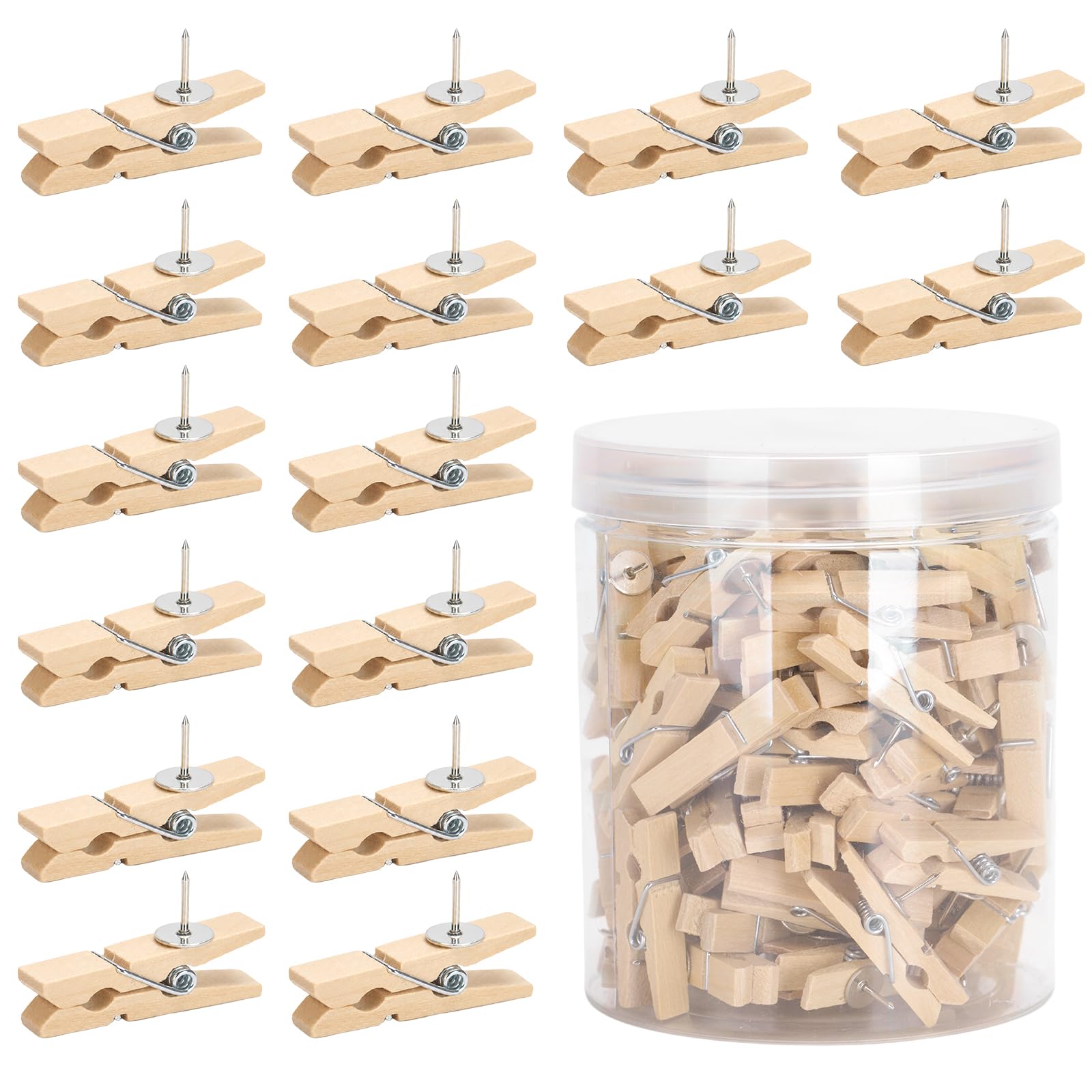 jijAcraft 100Pcs Push Pins with Wooden Clips: Natural Wooden Clip Thumbtack