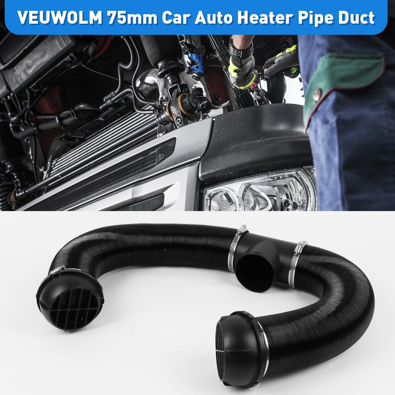 75 mm Tubo per Riscaldamento Auto, Condotto del Tubo di Riscaldamento, Tubo di scarico dell'aria calda con tubo a T, Con 2 prese d'aria da 75 mm + 4 Clip + 1 75 mm T Tipo Tee