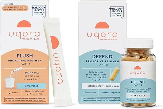 Uqora Flush Unflavored, 10 Packets & Defend 60 Capsules Bundle - Support Urinary Tract* with D-Mannose, Vitamin C & More - Support Bladder Health & Cleanse Biofilm* with D-Mannose & More