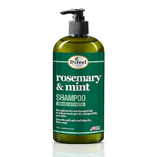 Difeel Champú fortalecedor de menta y romero con biotina de 33.8 onzas. Hecho con aceite de romero natural para el crecimiento del cabello, champú