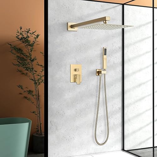 Miniatura 30 de Juego de grifo de ducha de níquel cepillado con cabezal de ducha de lluvia de 12 pulgadas y rociador de mano montado en la pared con válvula