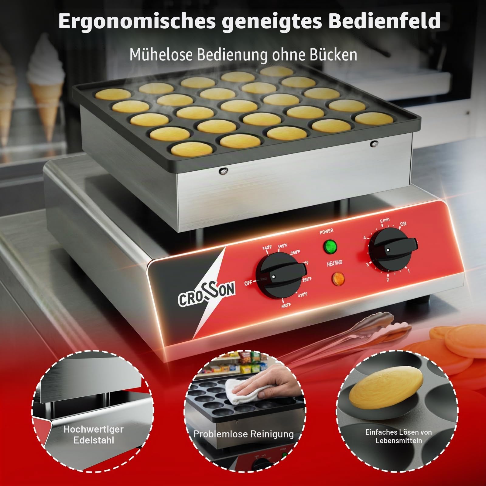 CROSSON 25 Loch Mini Pfannkuchenmaker Kommerzielle mit 43 mm Durchmesser,Dutch Muffin Waffeleisen Nicht Haftende Dorayaki-Backmaschine,5-Minuten-Timer und Temperatur von 60-250℃,230V/850W