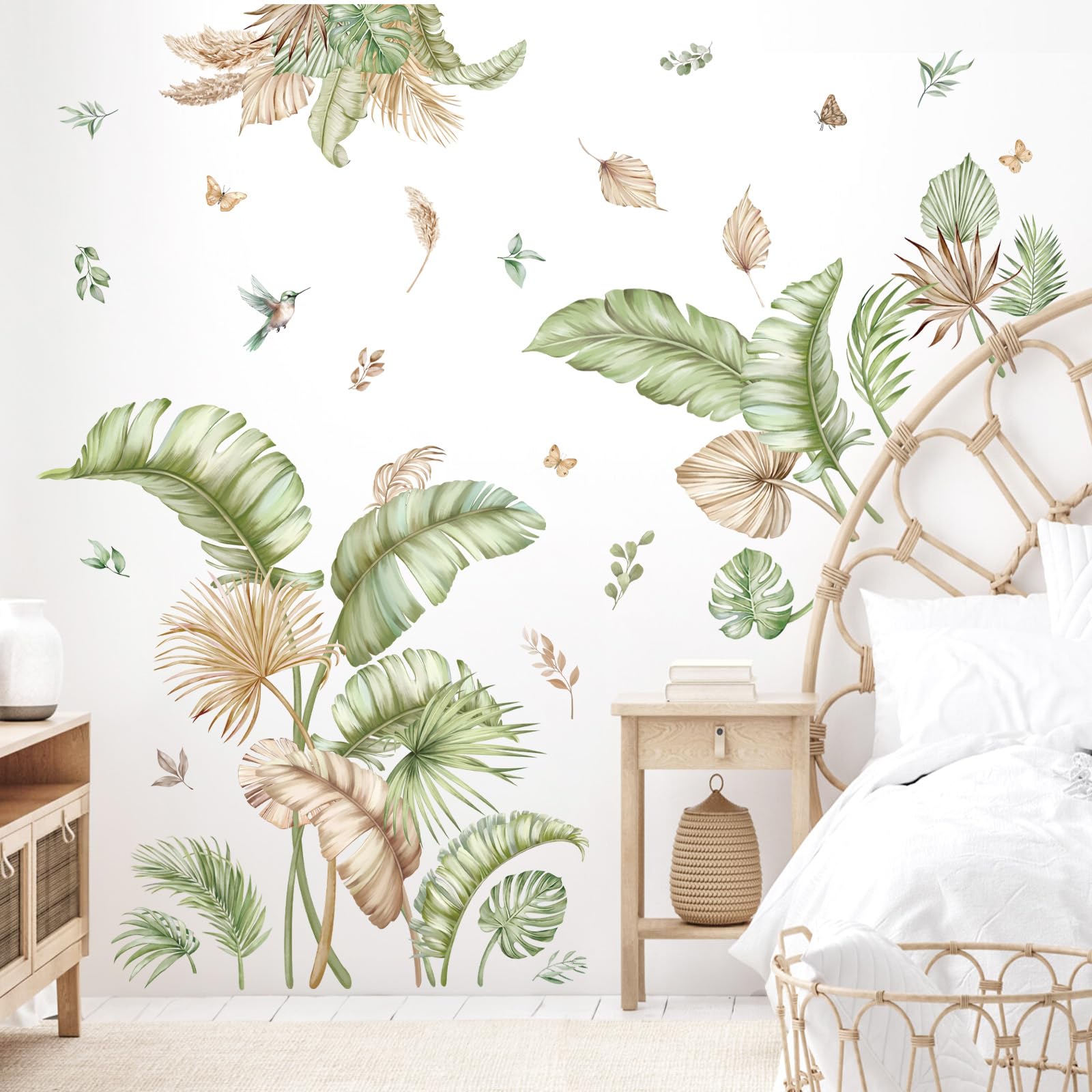 decalmile Pegatinas de Pared Boho Palmera Hojas Vinilos Decorativos Hojas Verde Plantas Tropicales Adhesivos Pared Habitación Dormitorio Salón
