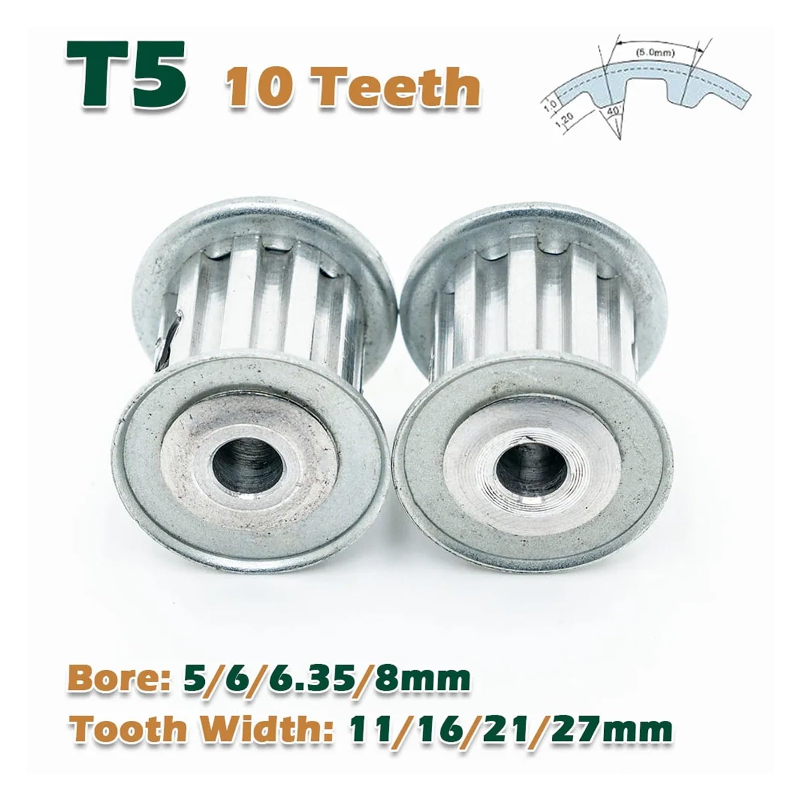 1/2/5/10 Uds T5 10 dientes AF diámetro de la polea de sincronización 5~8mm 10T ancho de los dientes 11~27mm transmisión CNC 10 dientes paso de la rueda motriz 5mm(5mm,2pcs,21mm)