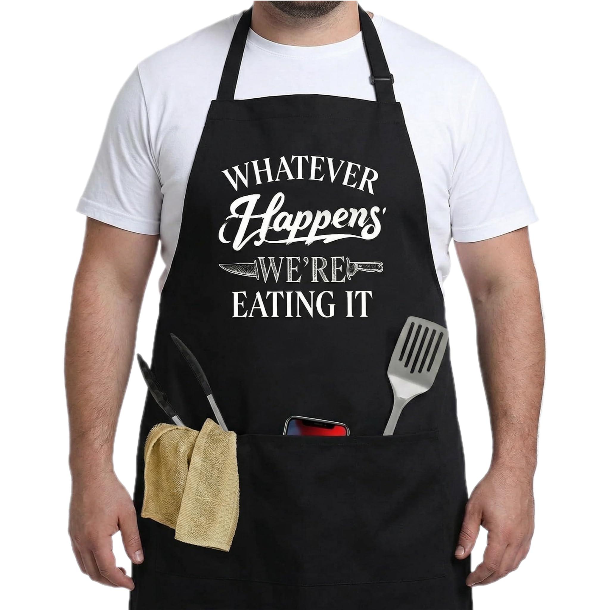 ZJEEACO BBQ Apron Gifts for Men, Funny Cooking Apron with Pockets, Personalised Kitchen Aprons for Outdoor Grilling Accessories, Ideal Christmas Unusual Presents for Dad Grandad Husband (WHATEVER)