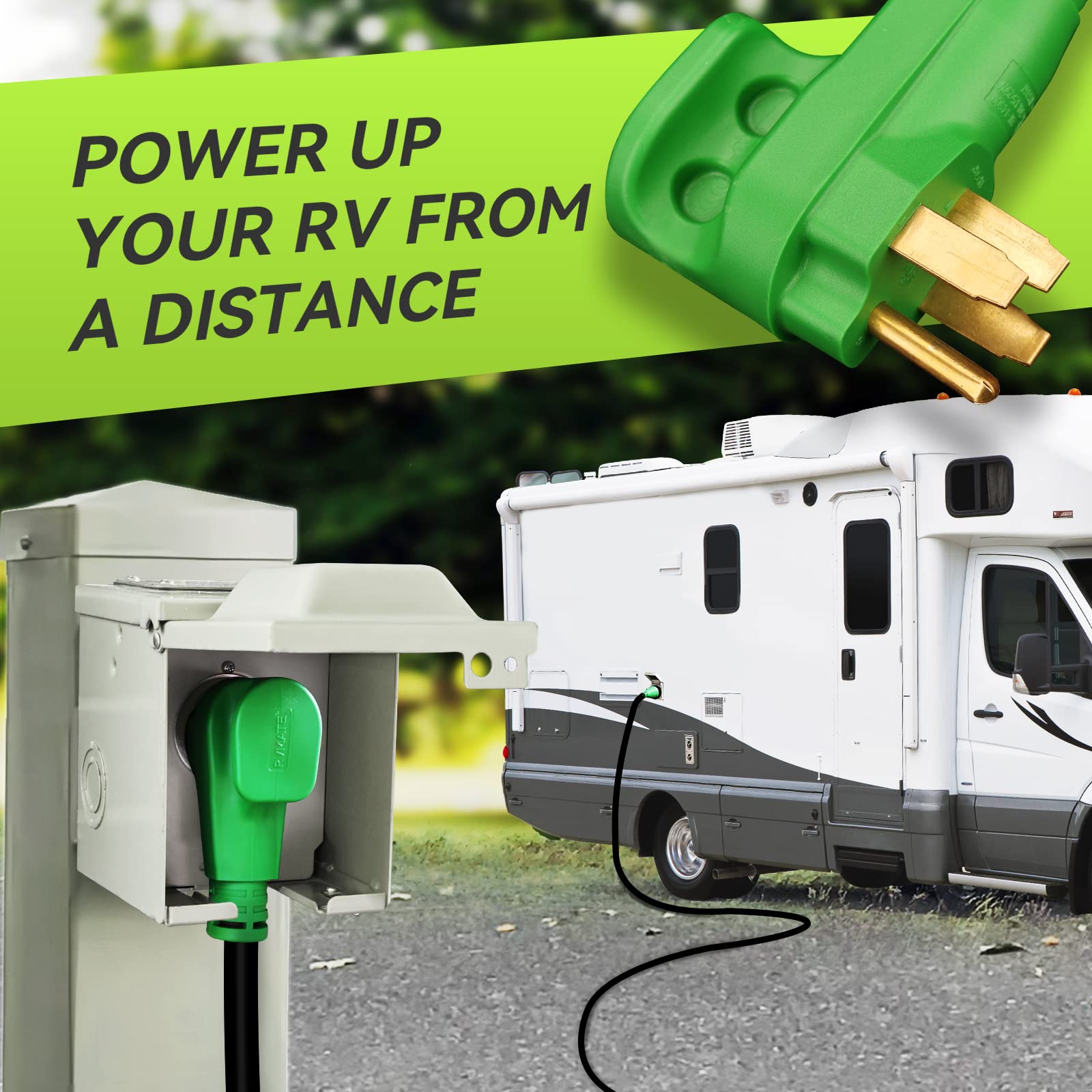 RVMATE 50 Amp 15 Feet RV/Generator Lockable Power Extension Cord, Easy Plug in Handle, 14-50P to SS 2-50R with LED Indicator, ETL Listed