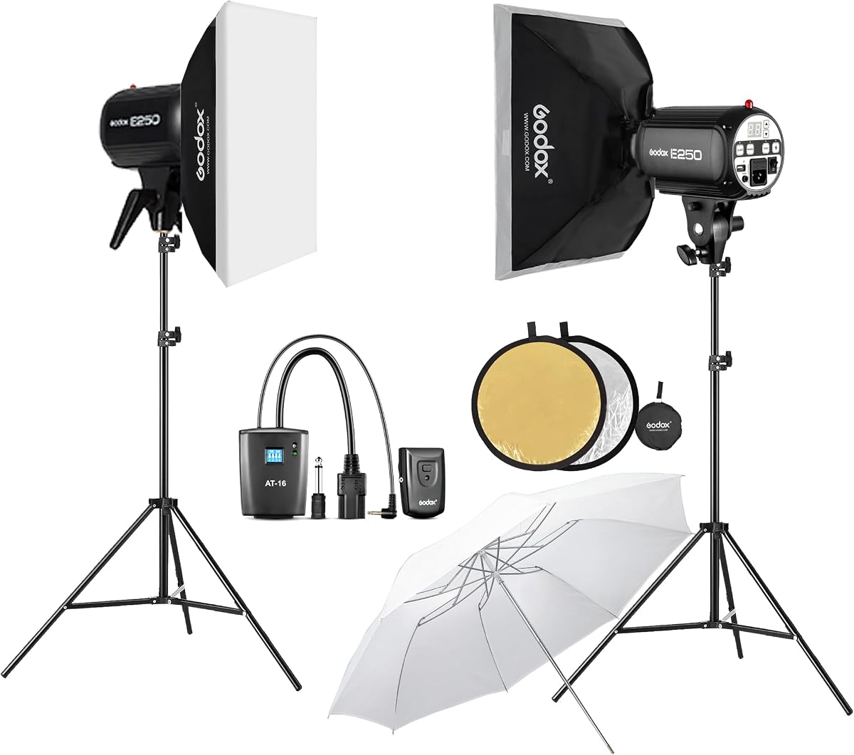 Godox E250 Kit de Iluminación Estroboscópica Softbox, Kit de Luces Estroboscópicas de Estudio Profesional para Fotografía, 2x250Ws 5600K±200 Monolights Compactos con Disparador de Flash, Softbox de 50cm*70cm, Soportes de Luz de 2m
