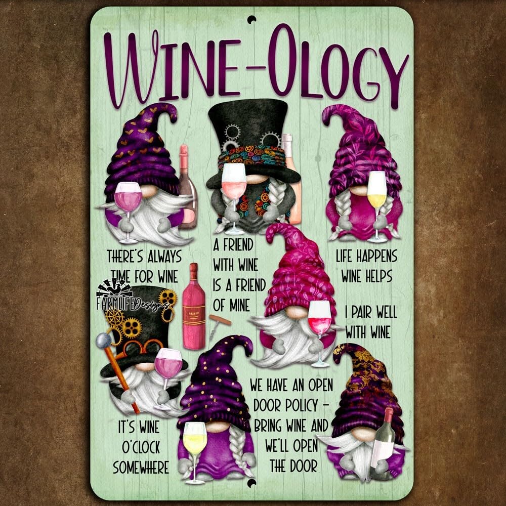 Gnome Wine Sign bar sayings metal tin home decor wall art wisdom advice funny home decor