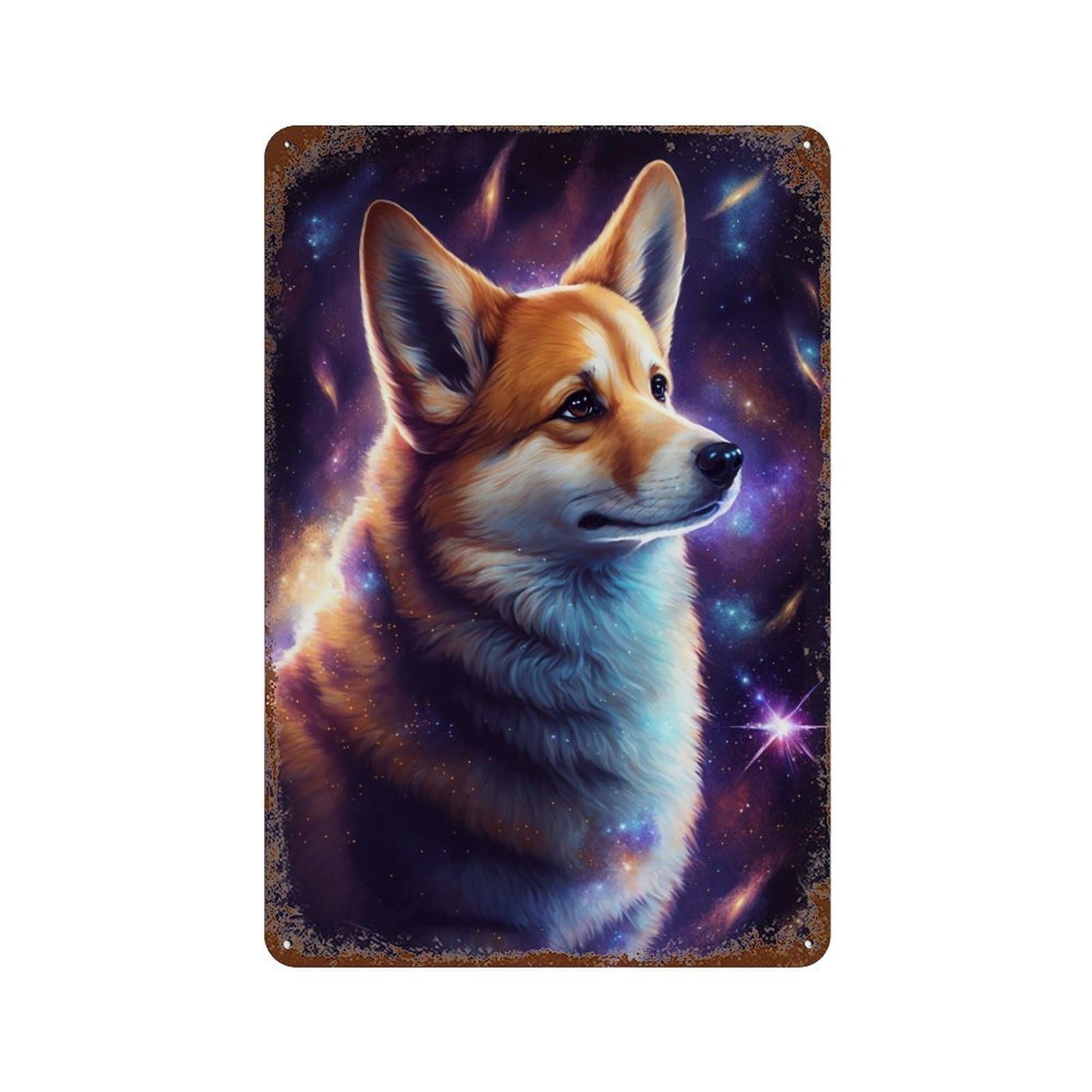 Rust Effect Cosmic Corgi Portrait-24 Vintage Rust Metal Sign 11.8"x7.9", Decorative Metal Wall Art for Shed, Workshop And Garage Wall Decor