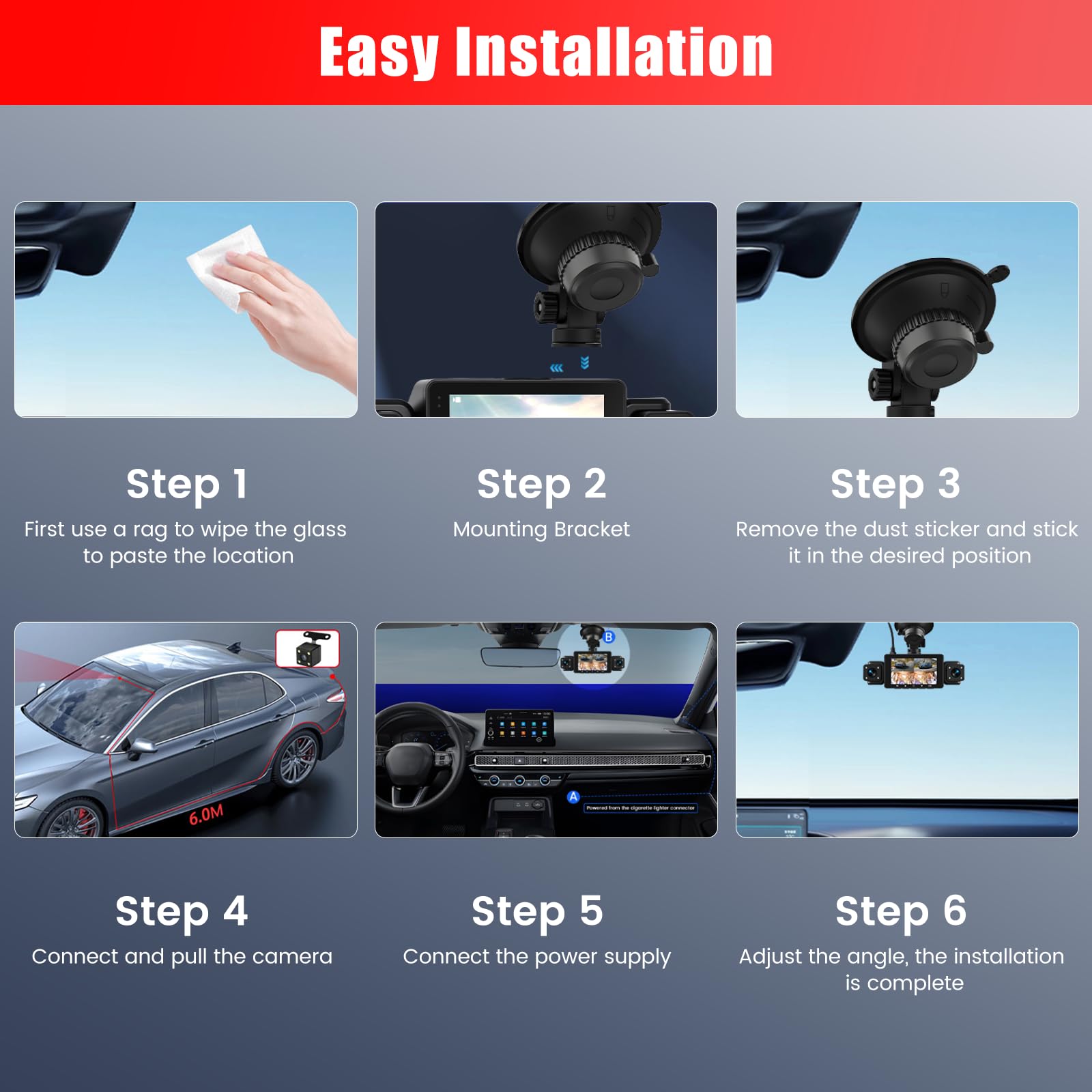 360° Dashcam 4 Canales, Camara para Coche Frontal 1080P, Pantalla IPS 3" | Cámara Vigilancia Coche Con WIFI y APP/Tarjeta SD 64GB/G-Sensor/24H Modo Aparcamiento/Visión Nocturna/Grabación en Bucle