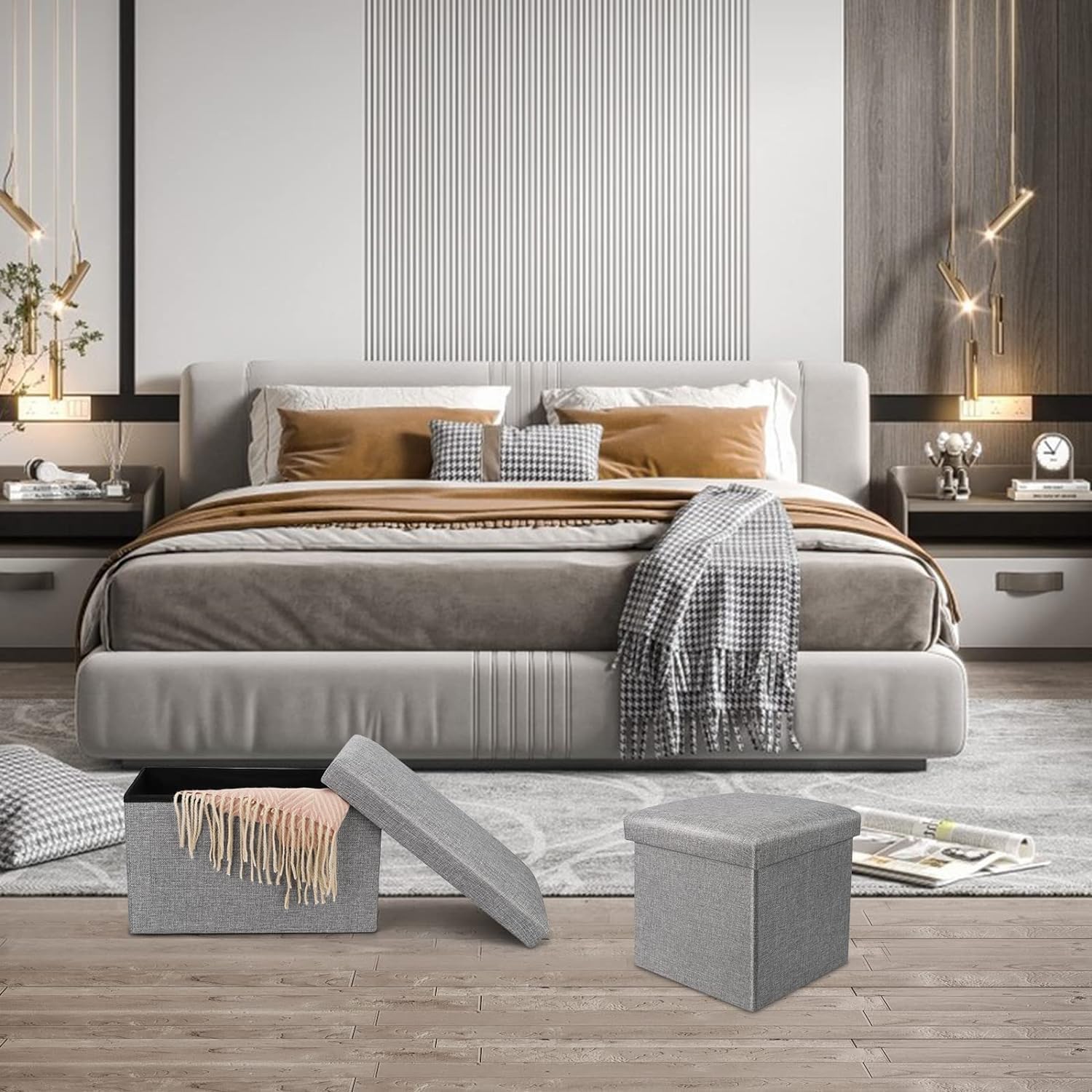 Oceano Pouf Contenitore Pieghevole Poggiapiedi Sgabello in Misto Lino Cassapanca Bauletto Ottomane Porta Giochi Organizzatore Poltrona per Soggiorno Ingresso Camera da letto (Grigio 48x30x30)