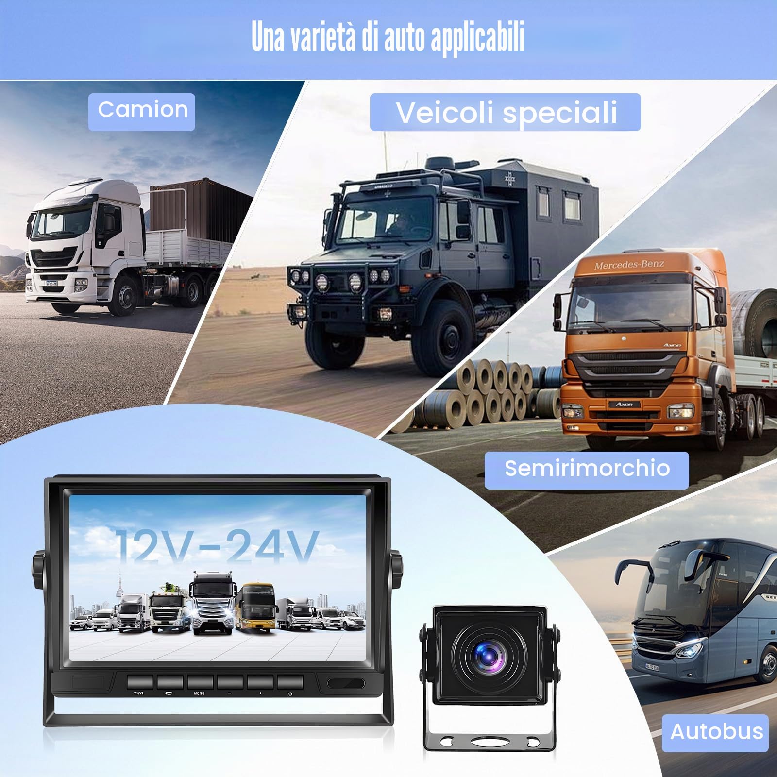 Telecamera di Retromarcia con 7 Pollici di Monitor, AHD Grandangolo Impermeabile Visione Notturna Targa con Cavo 15m per Auto/Camion/Auto/Pickup/SUV/Furgone/Camper 12-24V
