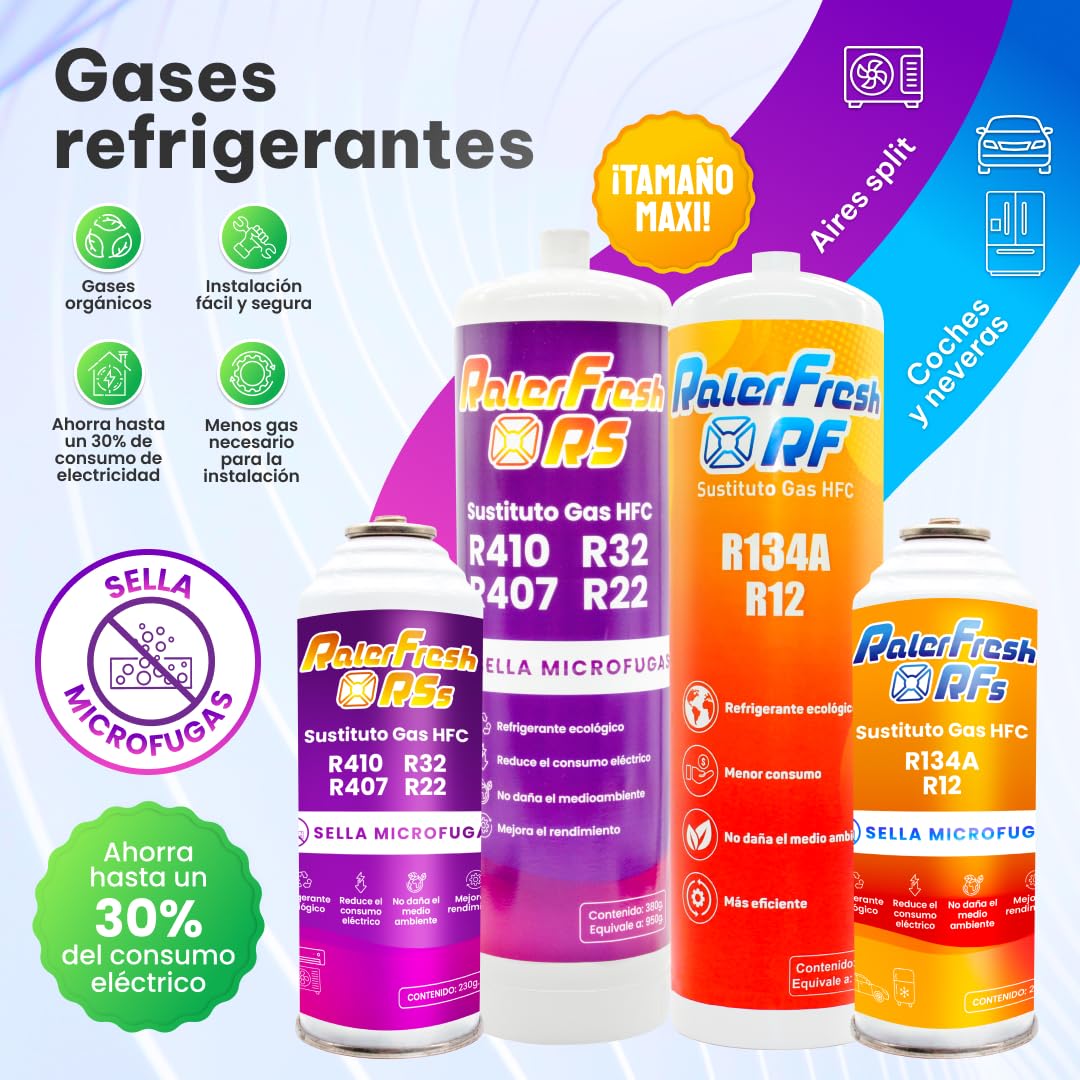 Gas Refrigerante Ralerfresh RS Sustituto de Gas R410, R32, R407 y R22 Recarga de Gas Refrigerante Organico para Aire Acondicionado Split Ecologico Eficiente Recarga Rapida (Botella RSs + Llave)