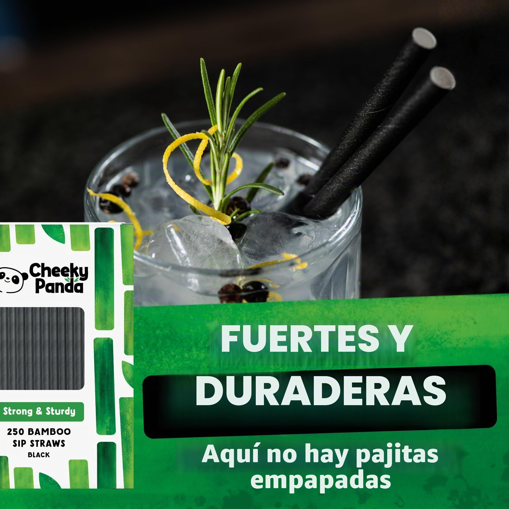 The Cheeky Panda – Bamboo (Perfecto para cócteles) Pajitas de papel negro | Paquete de 250 pajitas | 100% biodegradable, sin plástico, ecológico, resistente y sostenible
