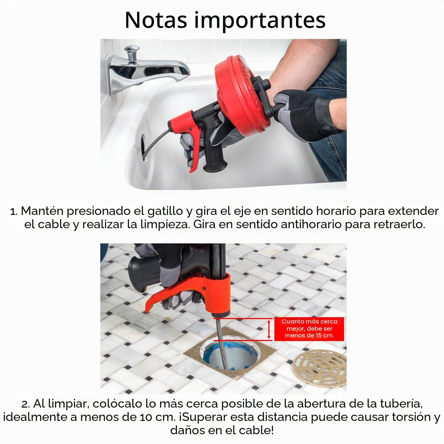 Desatascador Tuberias [15m],Alambre Desatascador Tuberias Con Adaptador De Taladro,¡Espiral Limpiador De Desagües y De Tuberías Para Aficionados Al Bricolaje,Con Guantes Incluidos,Naranja