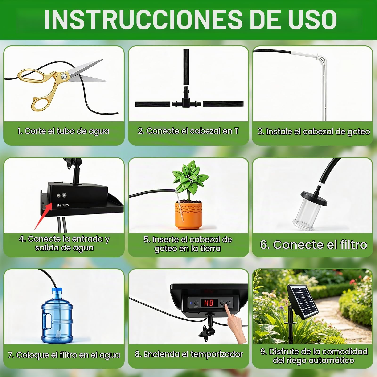 Solar Automatico Riego por Goteo, Sistema Automático de Riego Para Jardín con Manguera de 15 M, Para 15 Macetas, Alarma Automática, Ideal Para Regar Las Plantas, para Jardín, Balcón