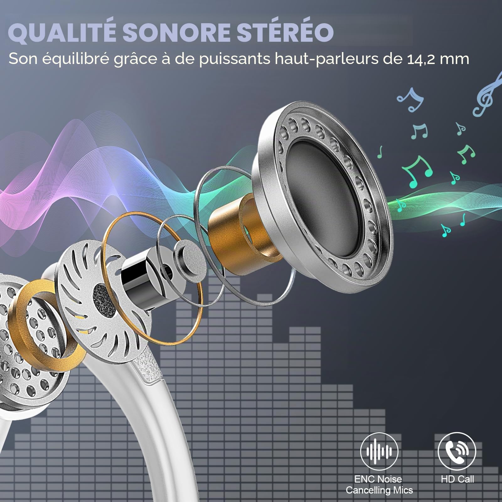 angenommen, Casque Bluetooth Sport-Music XS, 2021 Ecouteurs Bluetooth 5.3 HiFi Stéréo, ENC+ pour Appels en Voiture, Étanche IPX7